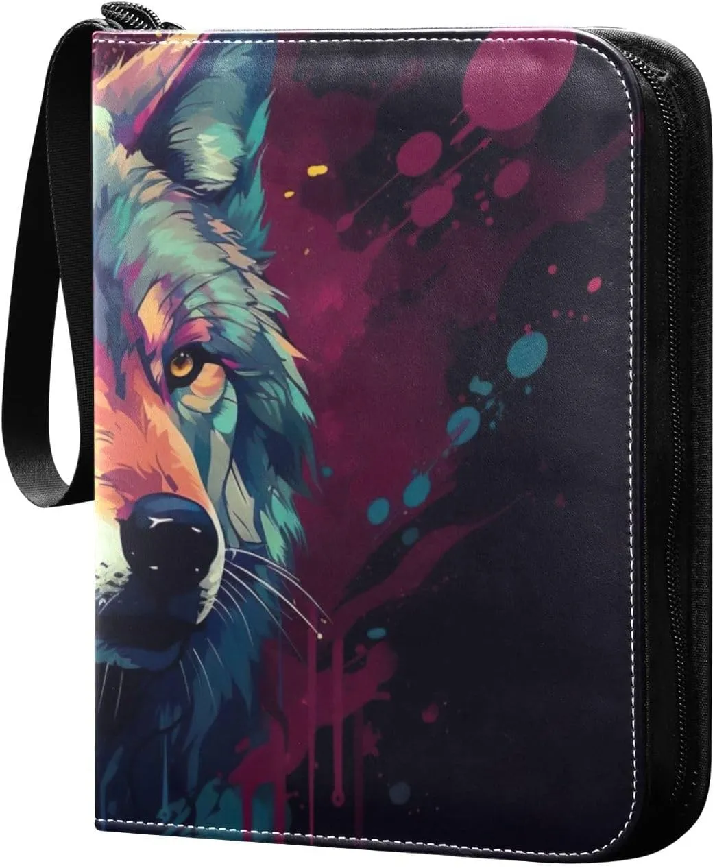 Wolf Painting Collectible Trading Card Albums,4-Pocket Card Binder with 50 Removable Sleeves with Zipper Game Card Collection Binder Album Holder