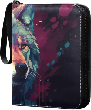 Wolf Painting Collectible Trading Card Albums,4-Pocket Card Binder with 50 Removable Sleeves with Zipper Game Card Collection Binder Album Holder