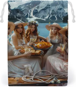 Woman Eating Pasta on Lake Drawstring Bag Portable Storage Bags Small Pouch for Sports Travel 12 * 18cm