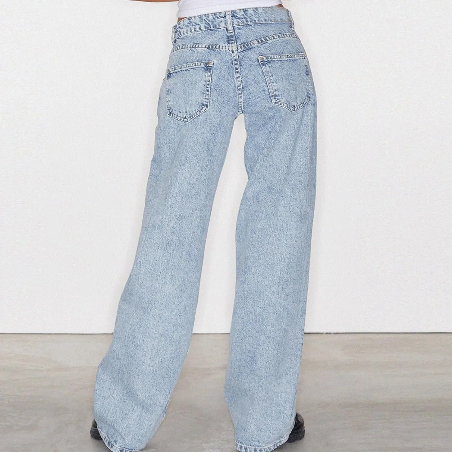 Women Classic Contrast Wash Bootcut Denim Pants, Low Rise Baggy Wide Leg Casual Jeans Fashion Comfy Denim Trousers