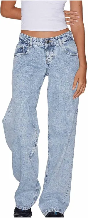 Women Classic Contrast Wash Bootcut Denim Pants, Low Rise Baggy Wide Leg Casual Jeans Fashion Comfy Denim Trousers