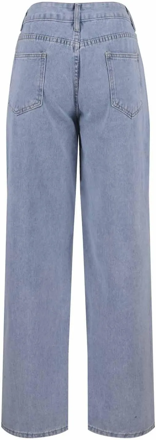 Women Classic Contrast Wash Bootcut Denim Pants, Low Rise Baggy Wide Leg Casual Jeans Fashion Comfy Denim Trousers