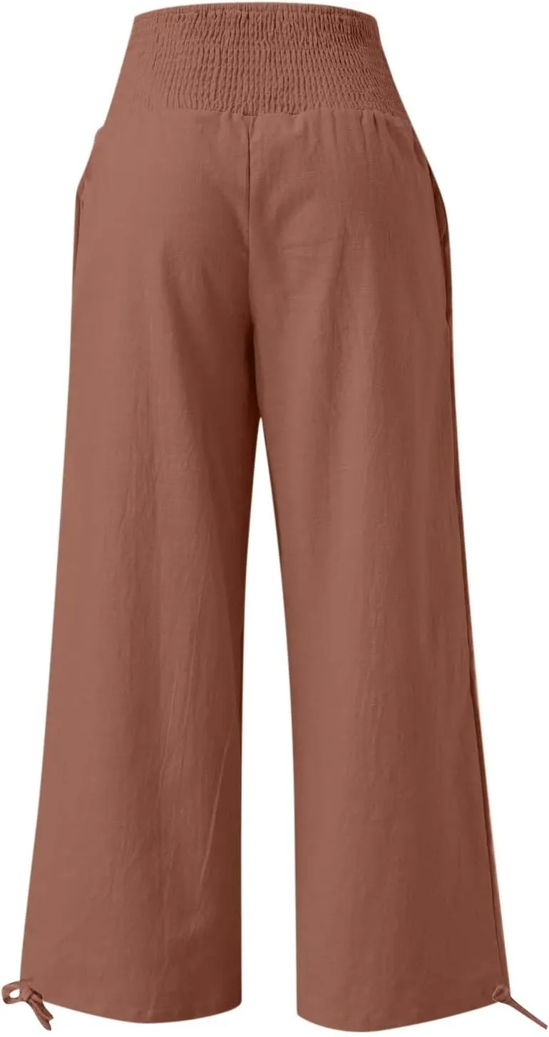 Women Cotton Linen Palazzo Pants Flowy Wide Leg Pants with Pockets Capris Pants Full Length Trousers Baggy Slacks