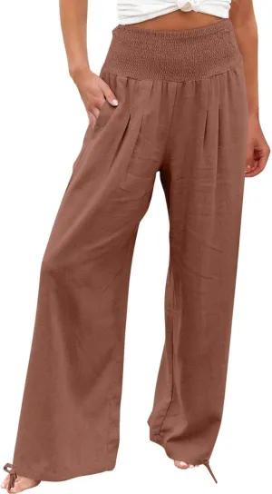 Women Cotton Linen Palazzo Pants Flowy Wide Leg Pants with Pockets Capris Pants Full Length Trousers Baggy Slacks
