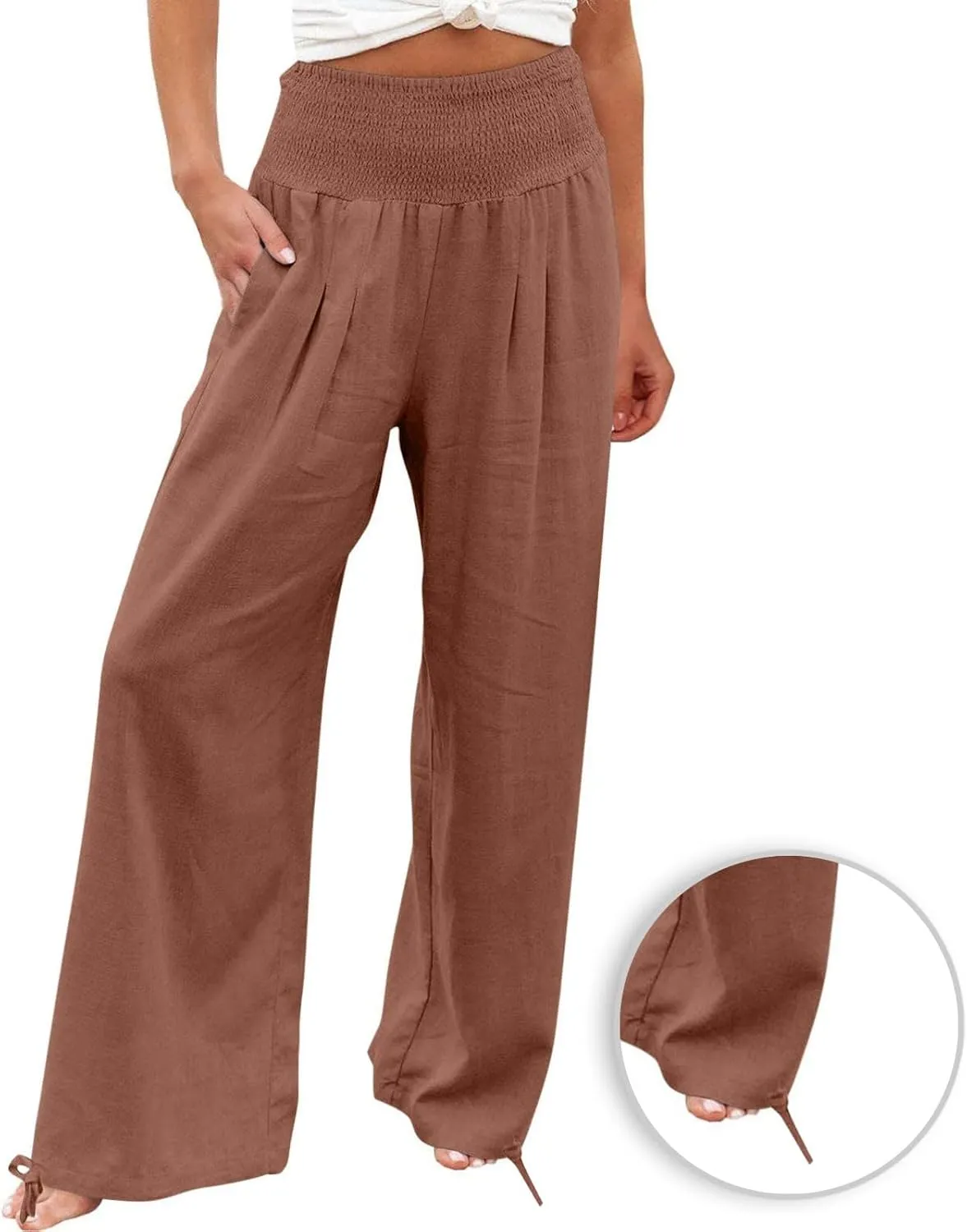 Women Cotton Linen Palazzo Pants Flowy Wide Leg Pants with Pockets Capris Pants Full Length Trousers Baggy Slacks