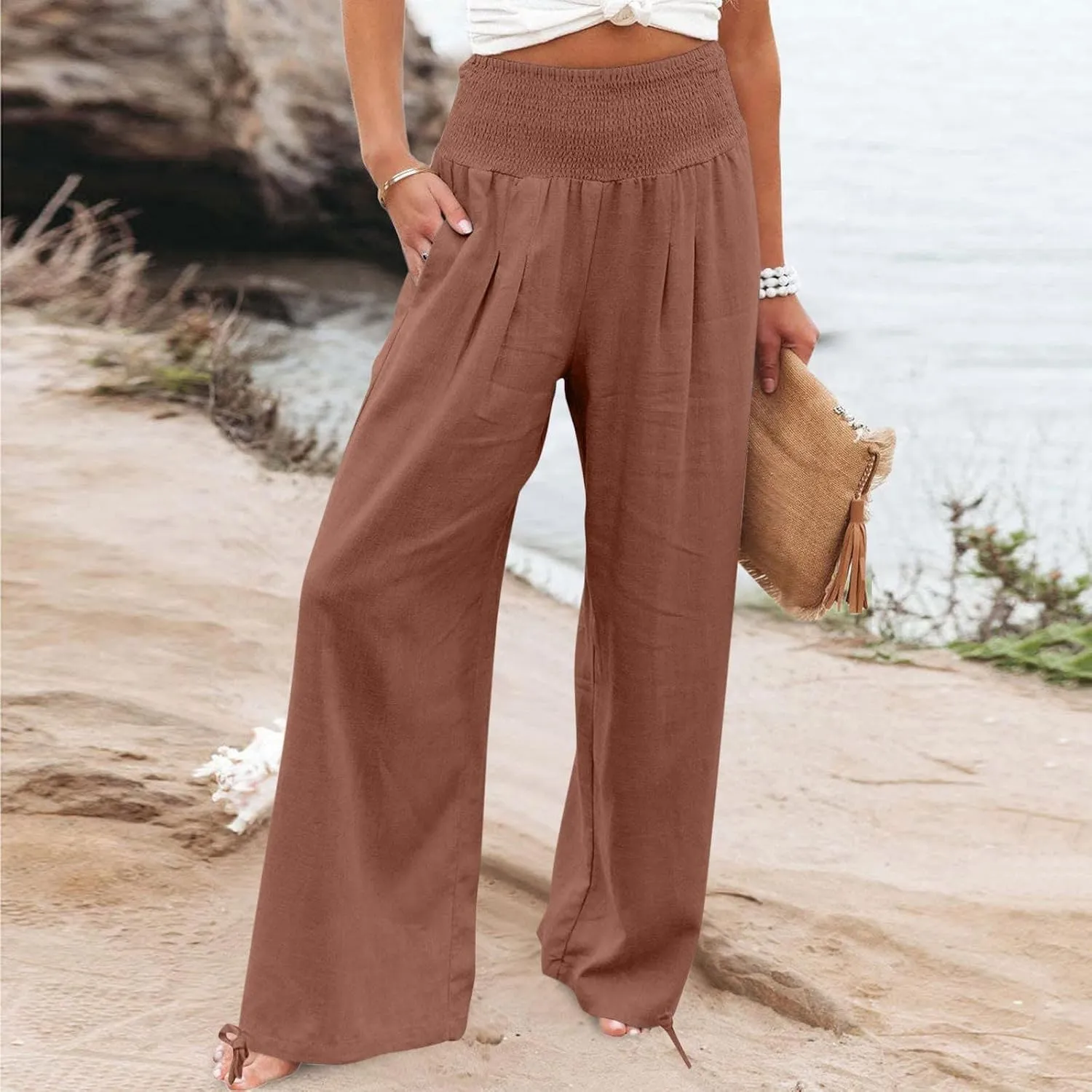 Women Cotton Linen Palazzo Pants Flowy Wide Leg Pants with Pockets Capris Pants Full Length Trousers Baggy Slacks