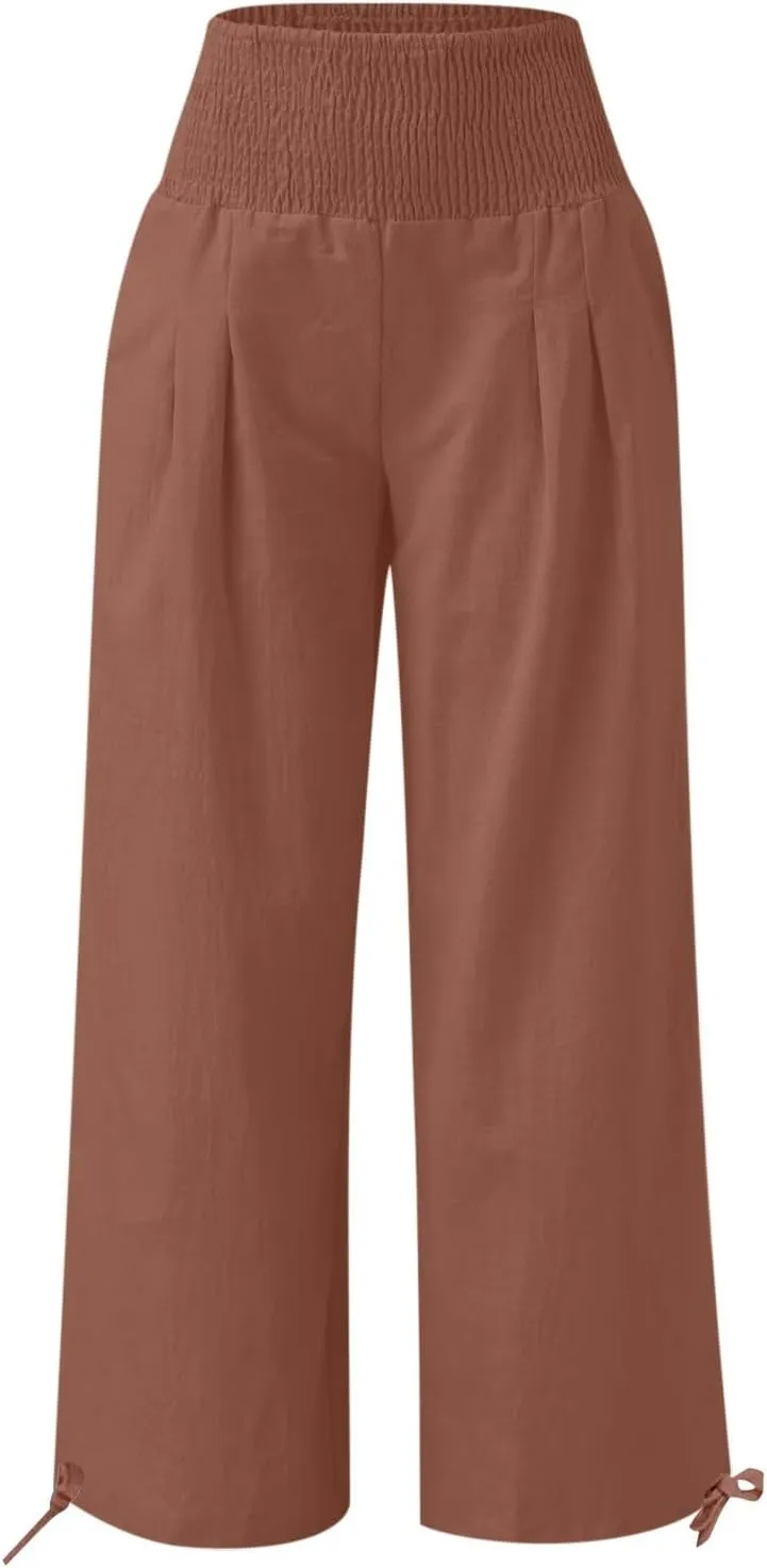 Women Cotton Linen Palazzo Pants Flowy Wide Leg Pants with Pockets Capris Pants Full Length Trousers Baggy Slacks