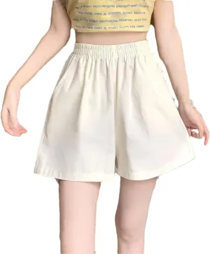 Women Double Pockets Short Pants Lady Solid Wide Leg Cotton Baggy High Waisted Shorts