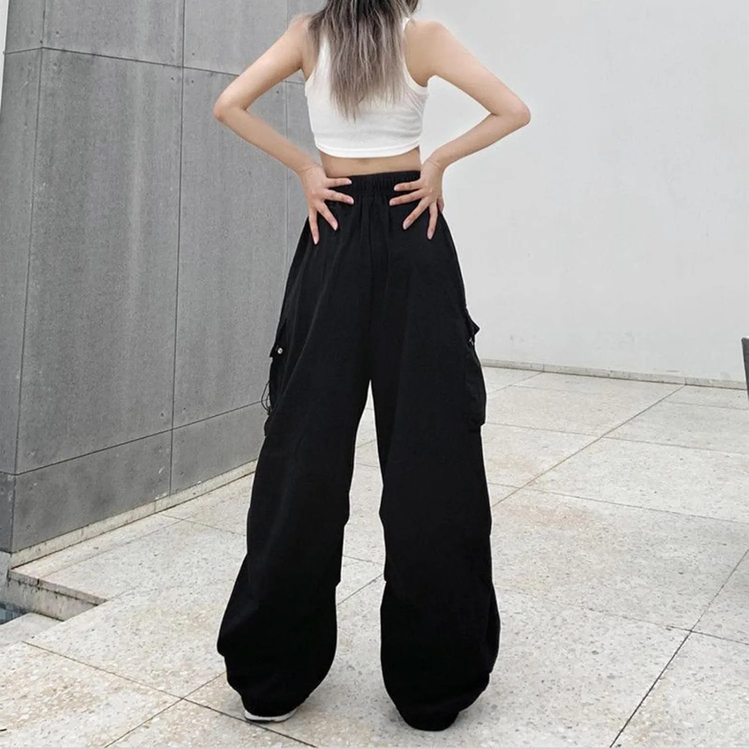 Women Elastic Waist Baggy Cargo Pants Parachute Drawstring Wide Leg Long Pant Unisex Trendy Y2K Pants Hiking Trousers