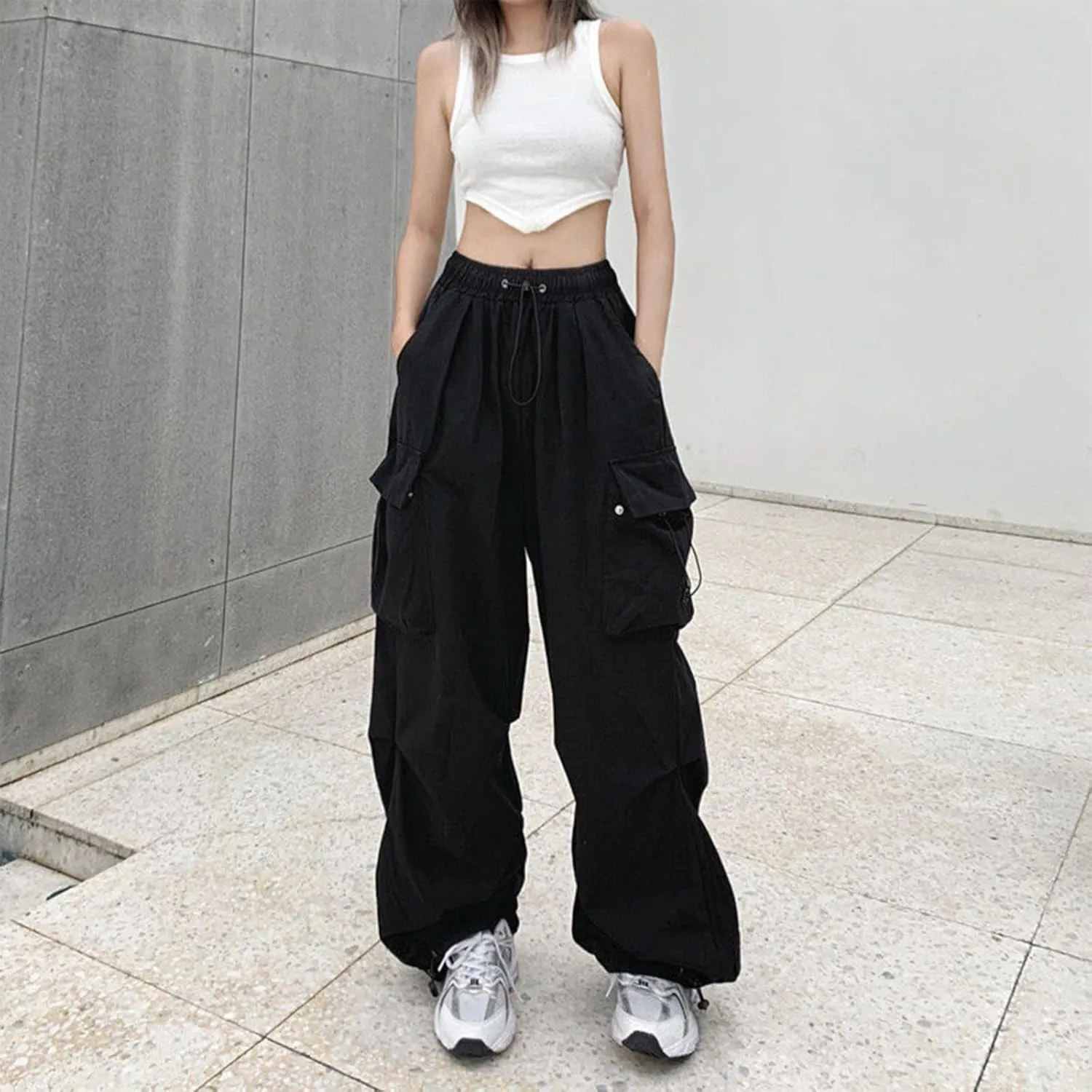 Women Elastic Waist Baggy Cargo Pants Parachute Drawstring Wide Leg Long Pant Unisex Trendy Y2K Pants Hiking Trousers