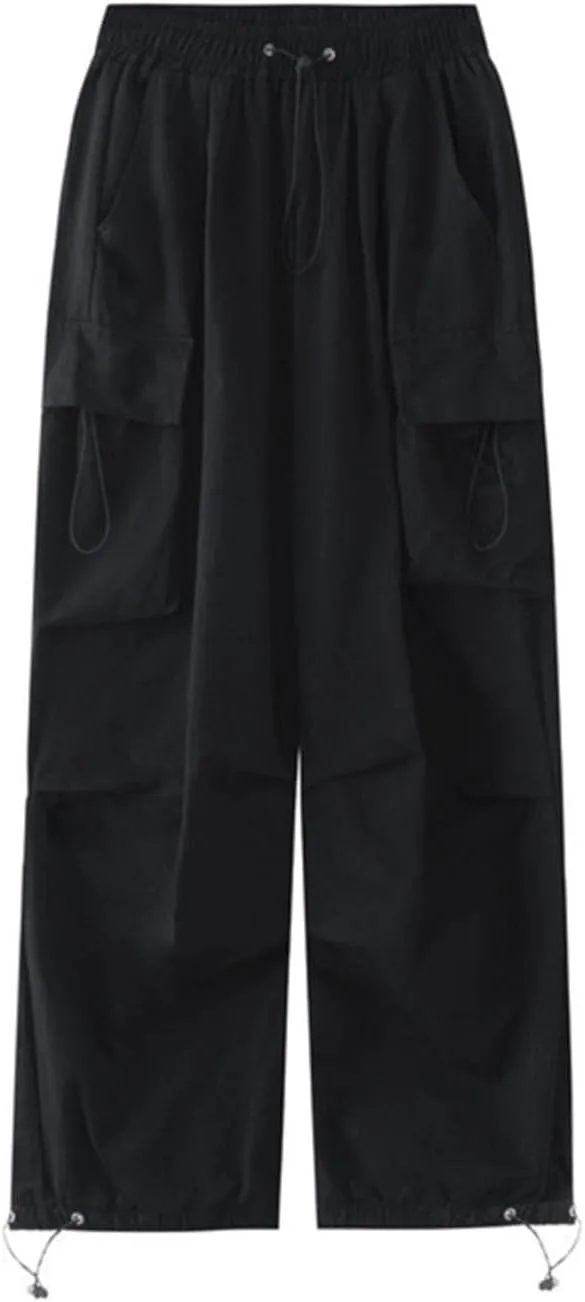 Women Elastic Waist Baggy Cargo Pants Parachute Drawstring Wide Leg Long Pant Unisex Trendy Y2K Pants Hiking Trousers