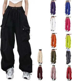 Women Elastic Waist Baggy Cargo Pants Parachute Drawstring Wide Leg Long Pant Unisex Trendy Y2K Pants Hiking Trousers