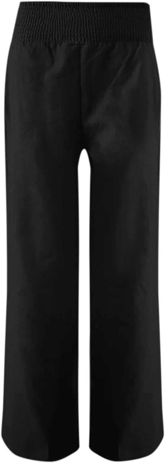 Women Linen Summer Pants Flowy Casual Wide Leg Beach Trousers Loose Elastic Waist Lounge Palazzo Pants with Pockets