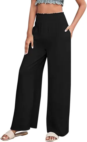 Women Linen Summer Pants Flowy Casual Wide Leg Beach Trousers Loose Elastic Waist Lounge Palazzo Pants with Pockets