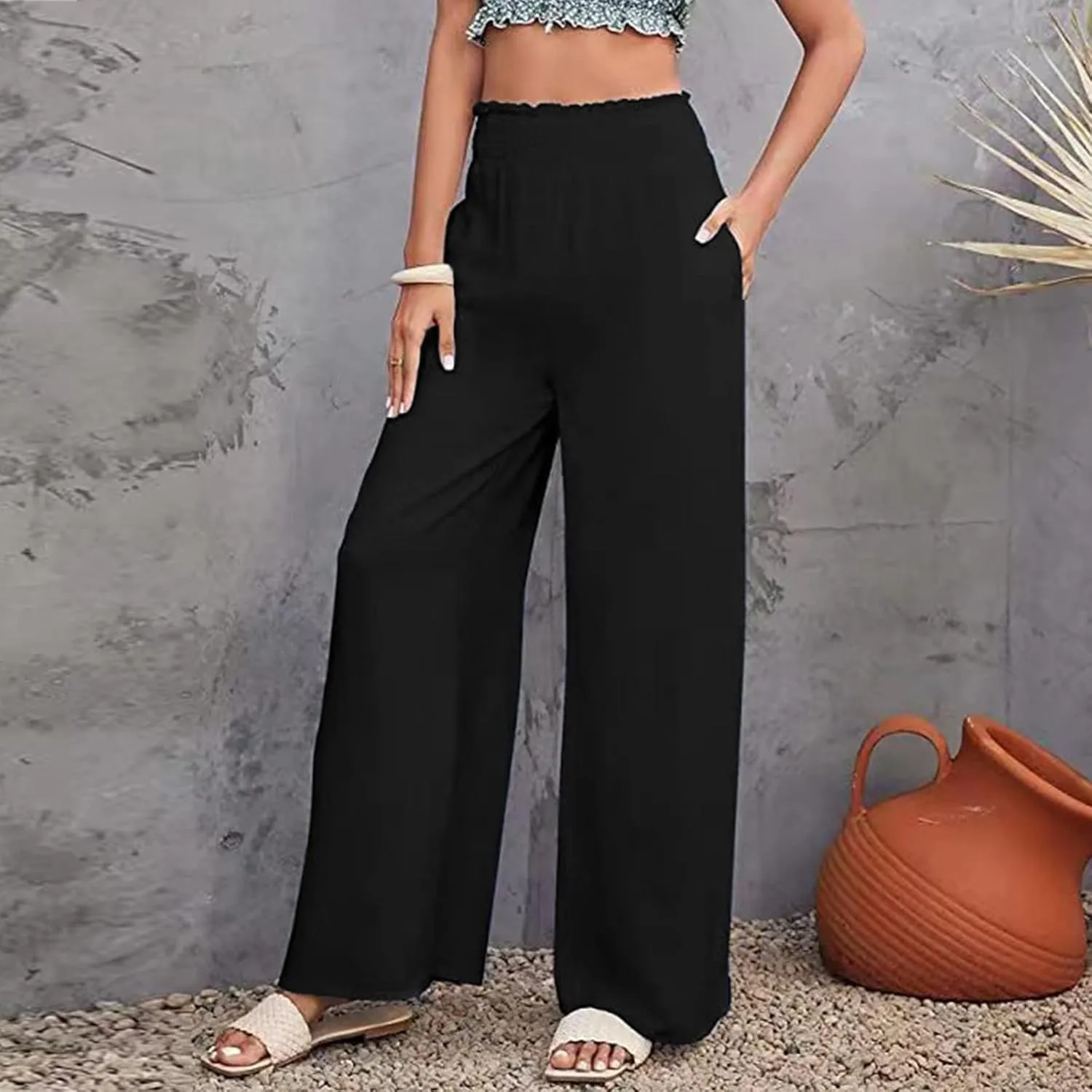 Women Linen Summer Pants Flowy Casual Wide Leg Beach Trousers Loose Elastic Waist Lounge Palazzo Pants with Pockets