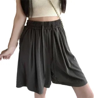 Women Silk Beach Vacation Short Pants Lady Baggy High Waisted Solid Drawstring Wide Leg Shorts