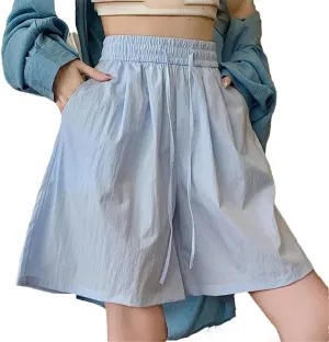 Women Silk Beach Vacation Short Pants Lady Baggy High Waisted Solid Drawstring Wide Leg Shorts