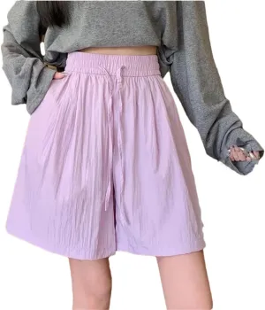 Women Silk Beach Vacation Short Pants Lady Baggy High Waisted Solid Drawstring Wide Leg Shorts