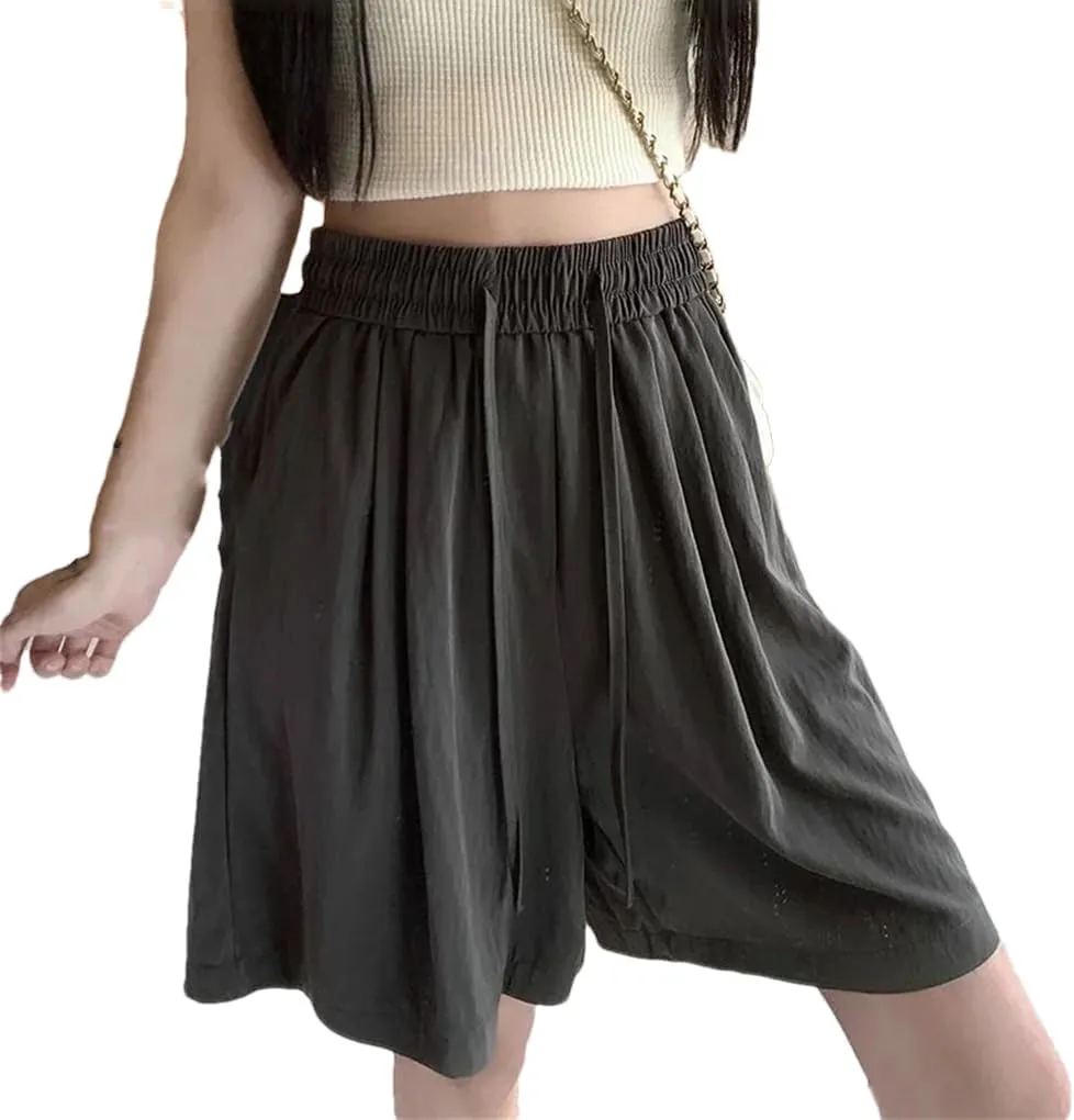 Women Silk Beach Vacation Short Pants Lady Baggy High Waisted Solid Drawstring Wide Leg Shorts