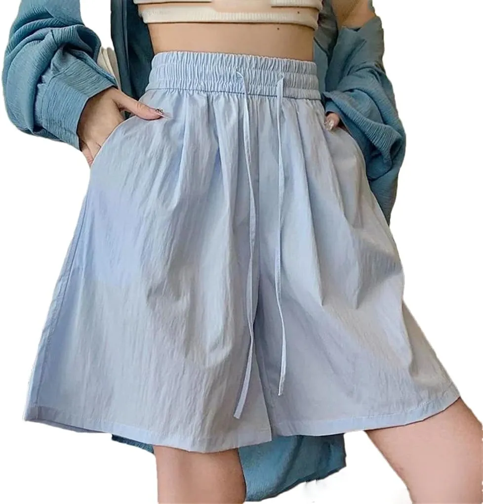 Women Silk Beach Vacation Short Pants Lady Baggy High Waisted Solid Drawstring Wide Leg Shorts