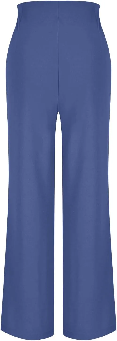 Women Tummy Control Button Pant High Waisted Wide Leg Pants Stretch Work Office Business Casual Trousers Pockets