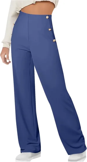 Women Tummy Control Button Pant High Waisted Wide Leg Pants Stretch Work Office Business Casual Trousers Pockets