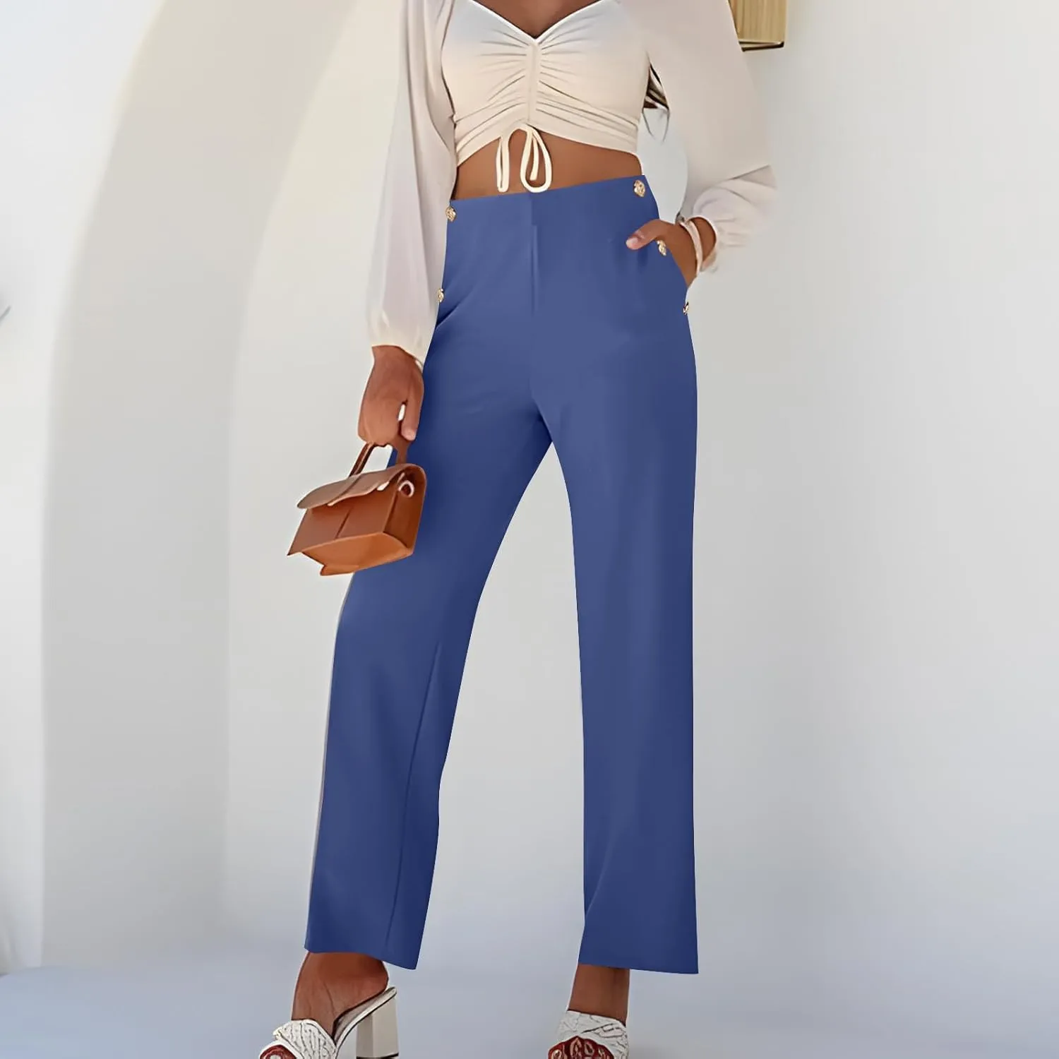 Women Tummy Control Button Pant High Waisted Wide Leg Pants Stretch Work Office Business Casual Trousers Pockets