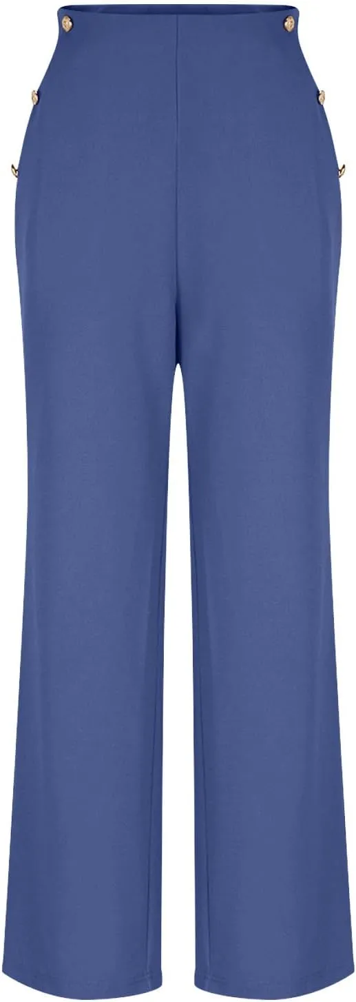 Women Tummy Control Button Pant High Waisted Wide Leg Pants Stretch Work Office Business Casual Trousers Pockets