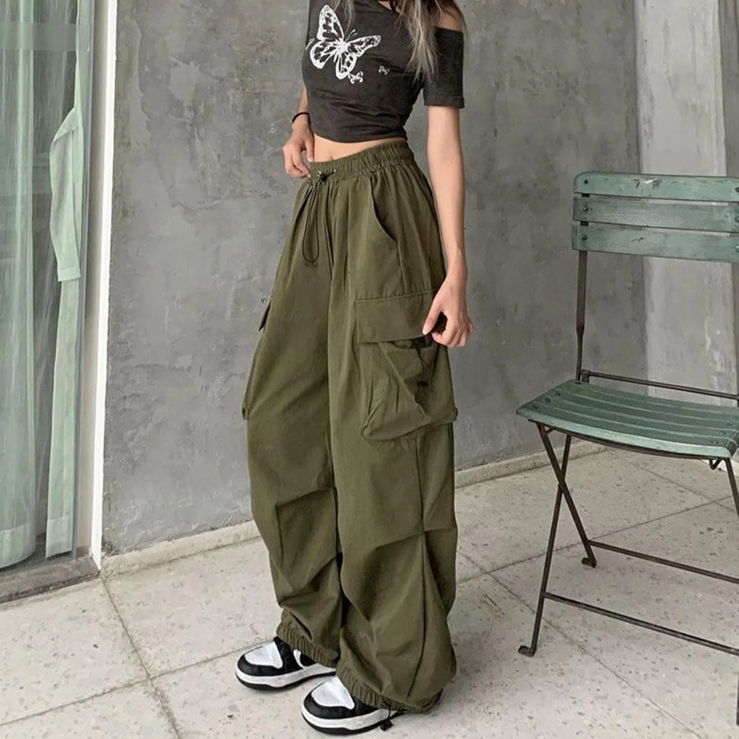 Women Y2K Cargo Jogger Pants Elastic High Waist Baggy Parachute Pants Multi Pocket Casual Loose Vintage Hiking Slacks