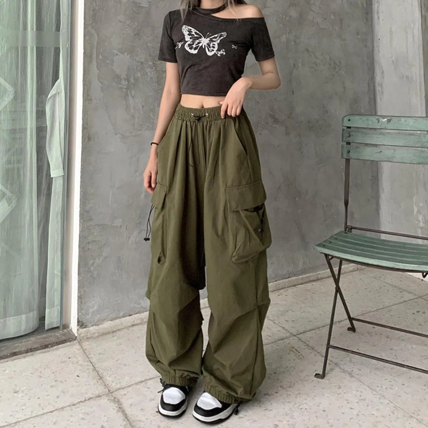 Women Y2K Cargo Jogger Pants Elastic High Waist Baggy Parachute Pants Multi Pocket Casual Loose Vintage Hiking Slacks