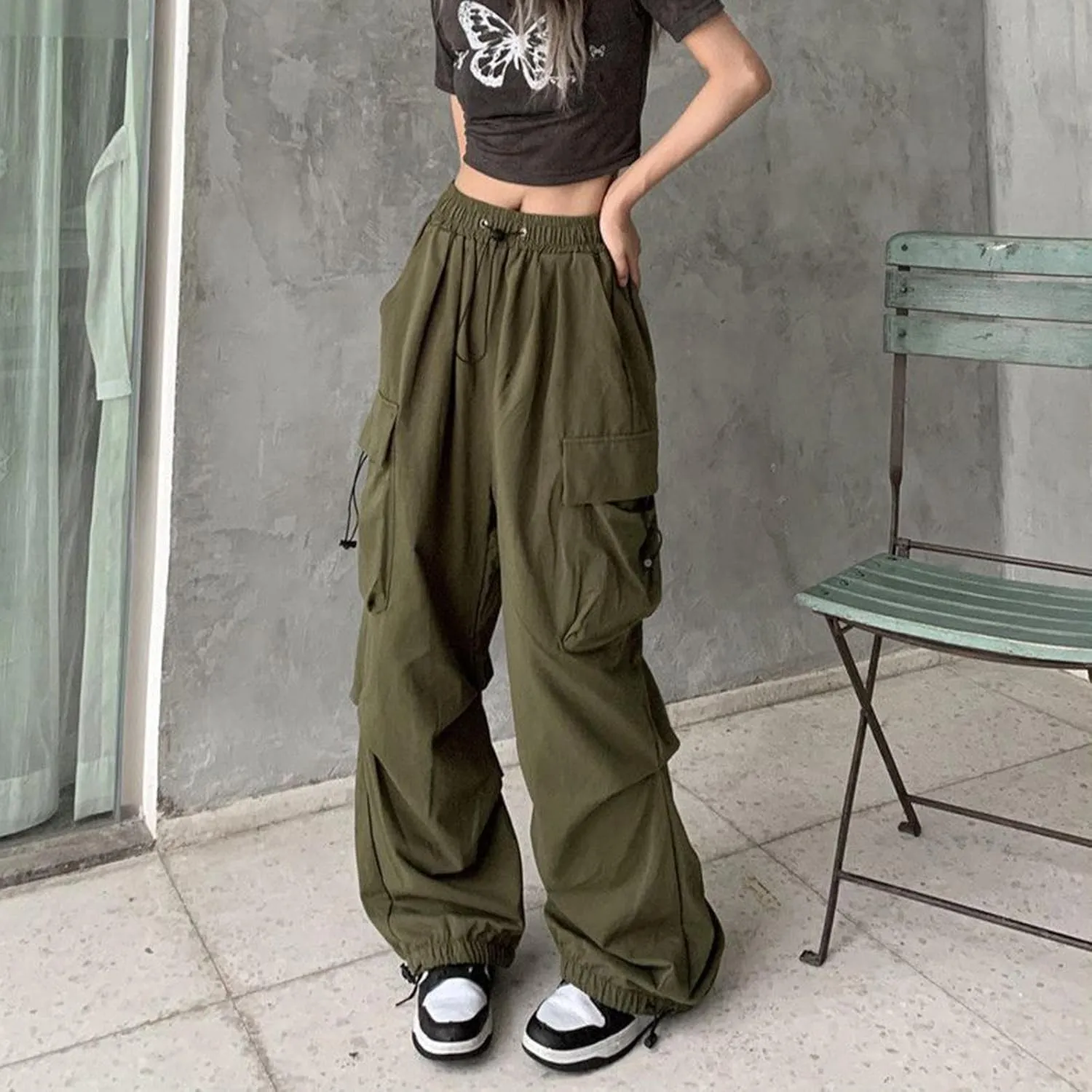 Women Y2K Cargo Jogger Pants Elastic High Waist Baggy Parachute Pants Multi Pocket Casual Loose Vintage Hiking Slacks