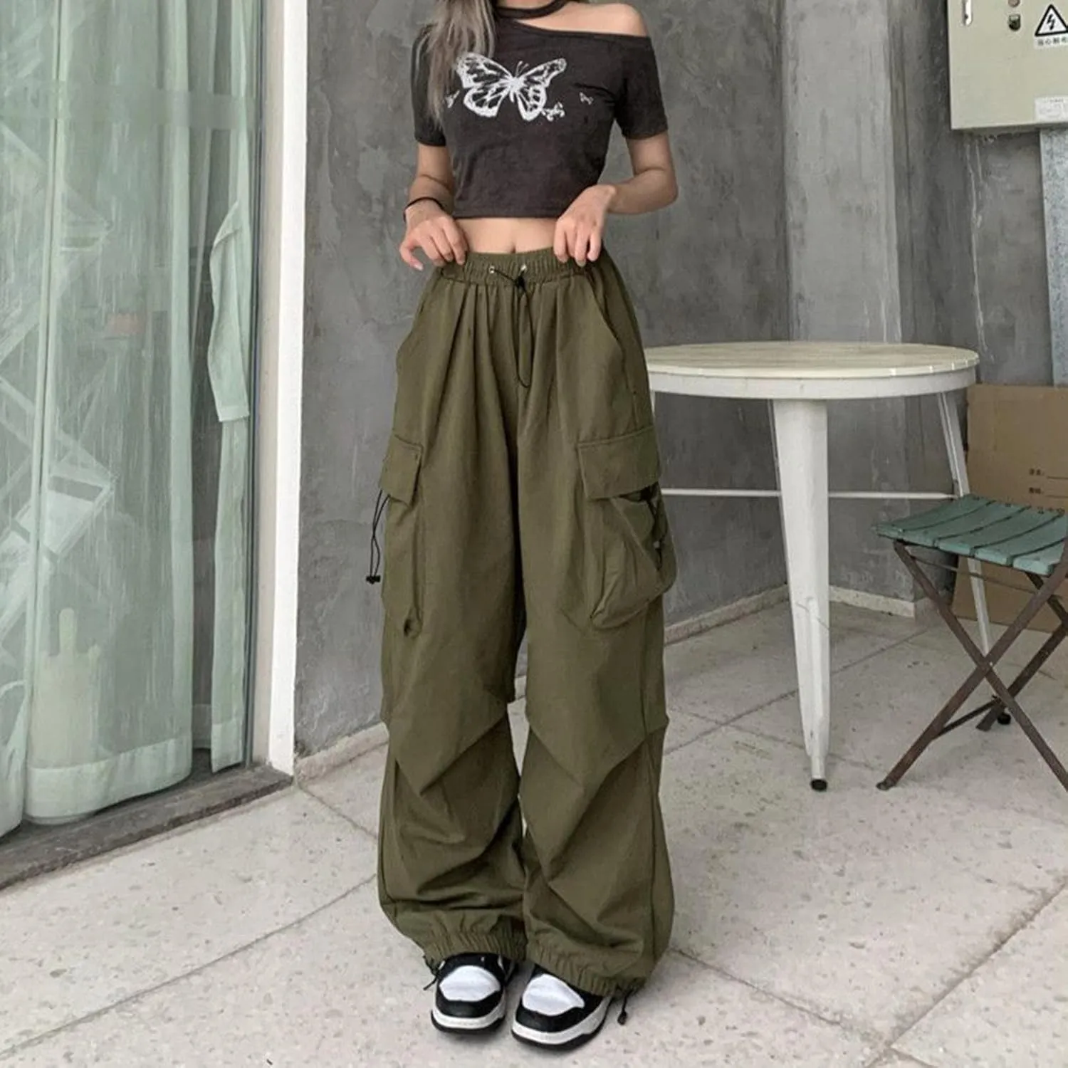 Women Y2K Cargo Jogger Pants Elastic High Waist Baggy Parachute Pants Multi Pocket Casual Loose Vintage Hiking Slacks