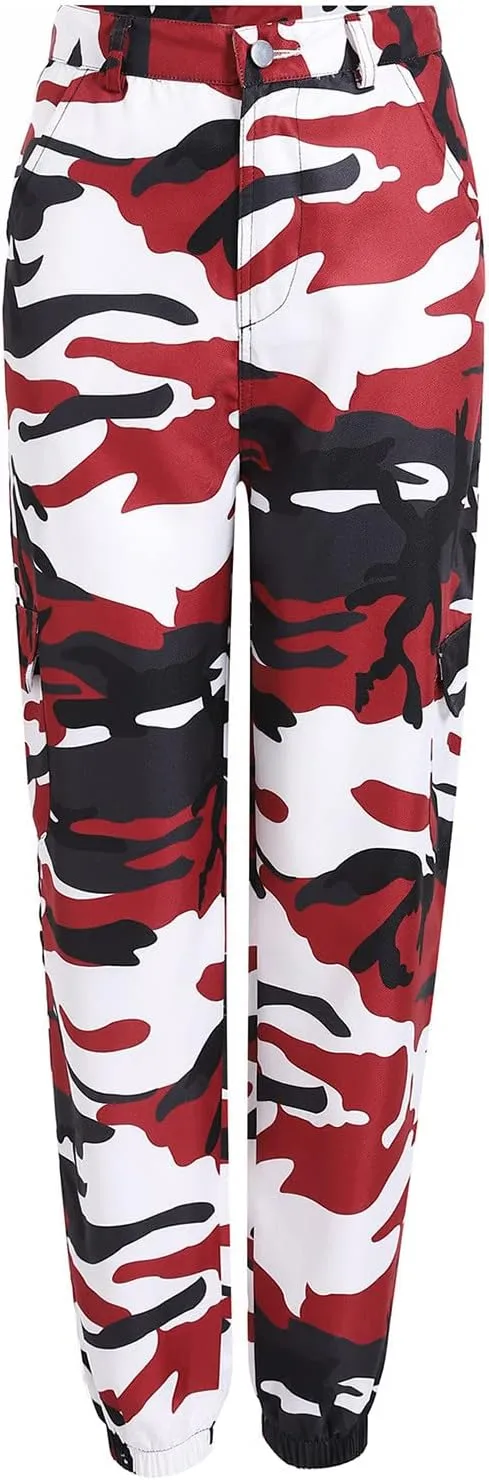 Women's Camo Pants Cargo Trousers High Waist Casual Camouflage Tactical Pants Loose Fit Jogger Pants with Pocket