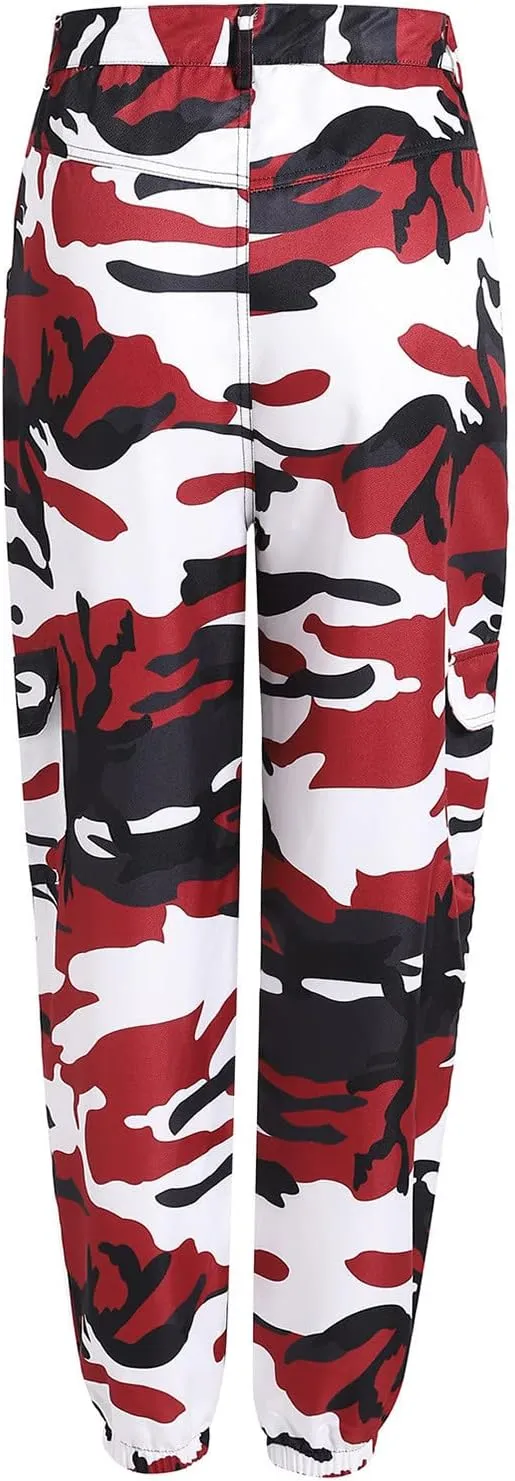 Women's Camo Pants Cargo Trousers High Waist Casual Camouflage Tactical Pants Loose Fit Jogger Pants with Pocket