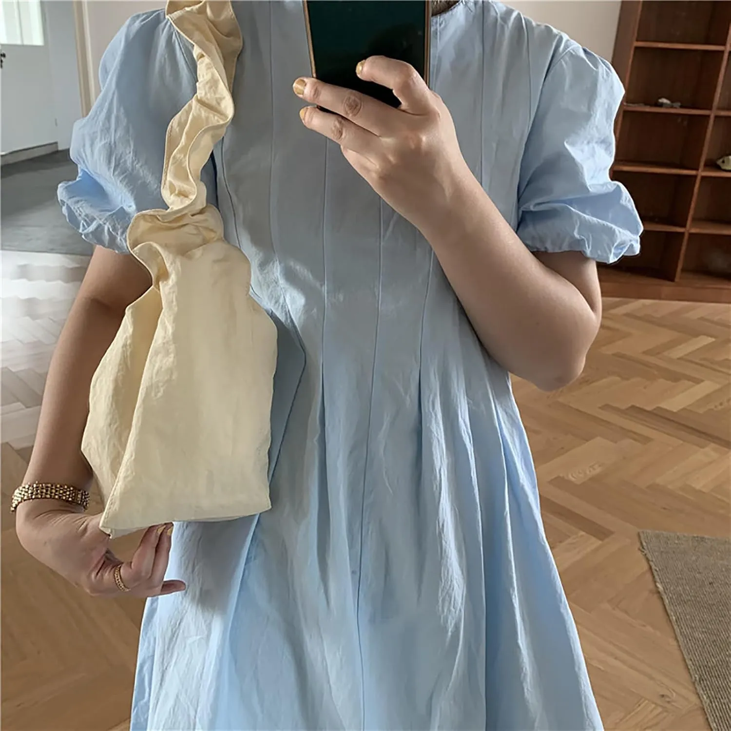 Women's Canvas Shoulder Bag Single Shoulder Ruched Drawstring Canvas Tote Fresh Literary Style Crossbody Handbag (White)