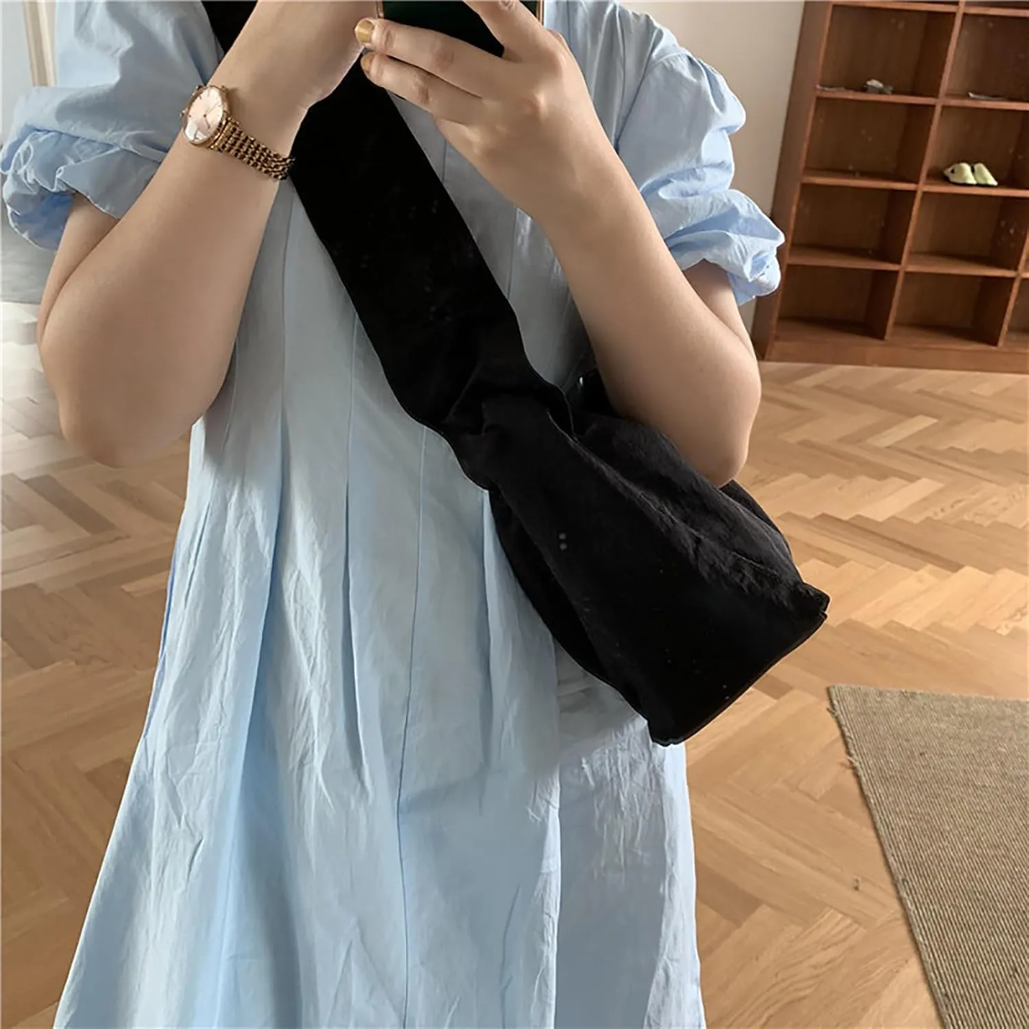 Women's Canvas Shoulder Bag Single Shoulder Ruched Drawstring Canvas Tote Fresh Literary Style Crossbody Handbag (White)