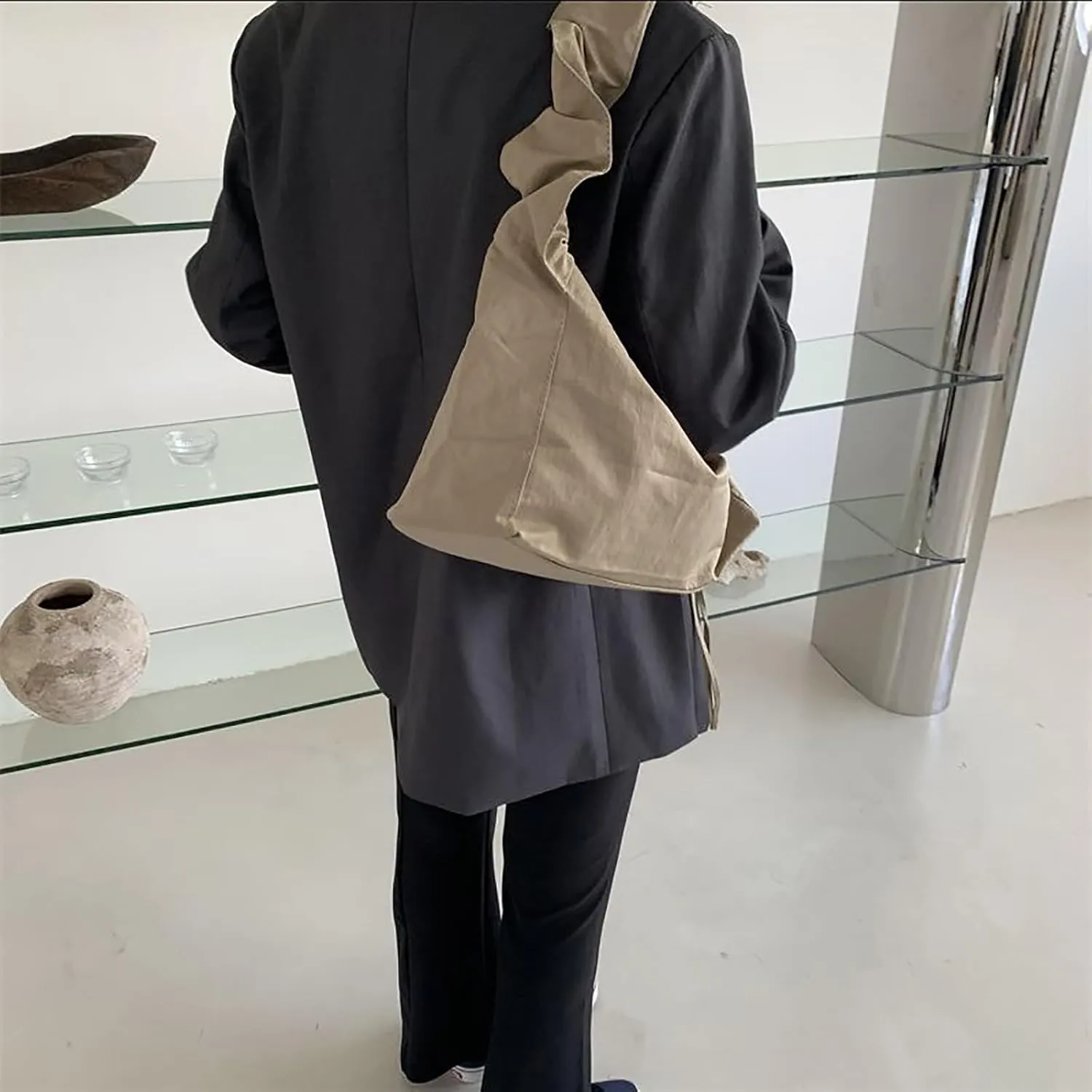 Women's Canvas Shoulder Bag Single Shoulder Ruched Drawstring Canvas Tote Fresh Literary Style Crossbody Handbag (White)