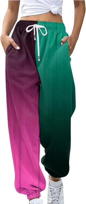Womens Casual Joggers with Pockets Loose Fit Drawstring Waist Active Gym Sweatpants Teen Girls Fashion Two Tone Lounge Slacks