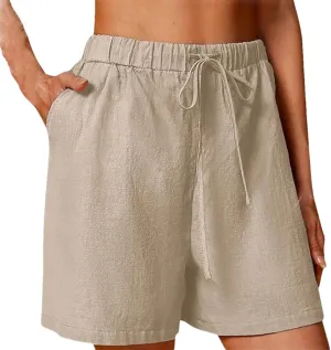 Women's Casual Shorts Drawstring Solid Color Cotton Linen Short Female Loose Straight Jogging
