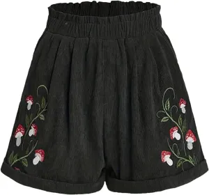 Women's Corduroy Comfy Plants Embroidery Shorts Elastic Waist Straight Leg Casual Beach Shorts for Women