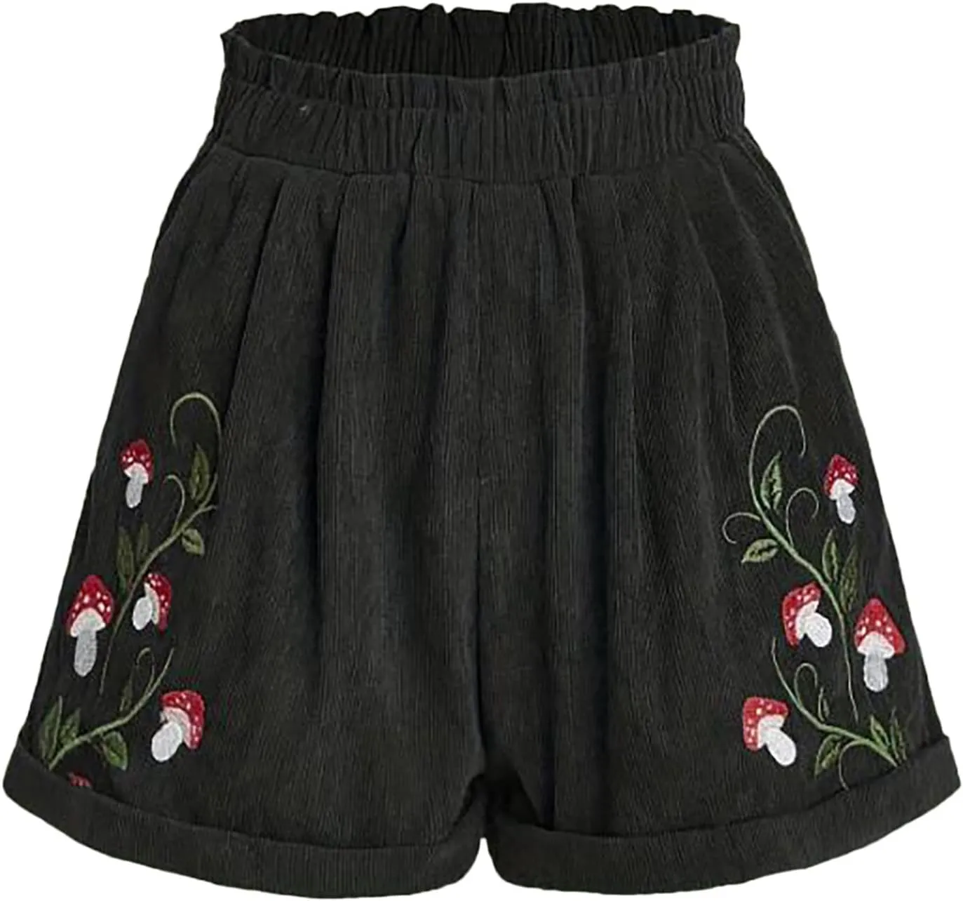 Women's Corduroy Comfy Plants Embroidery Shorts Elastic Waist Straight Leg Casual Beach Shorts for Women