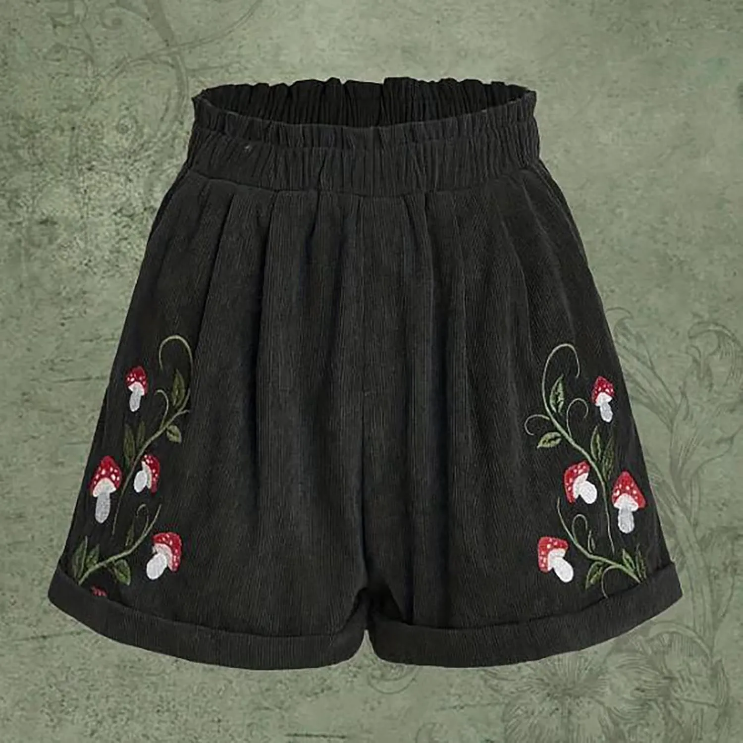 Women's Corduroy Comfy Plants Embroidery Shorts Elastic Waist Straight Leg Casual Beach Shorts for Women