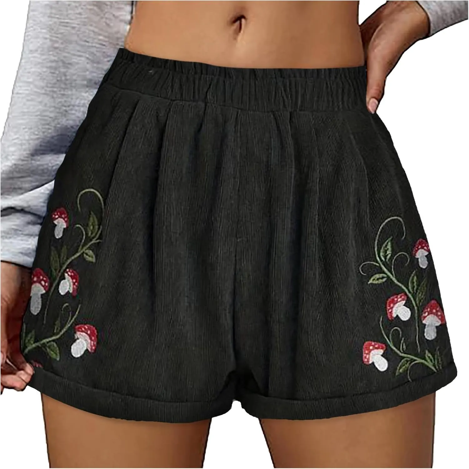 Women's Corduroy Comfy Plants Embroidery Shorts Elastic Waist Straight Leg Casual Beach Shorts for Women