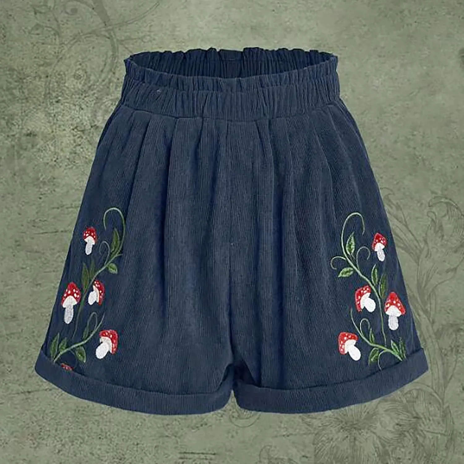Women's Corduroy Comfy Plants Embroidery Shorts Elastic Waist Straight Leg Casual Beach Shorts for Women