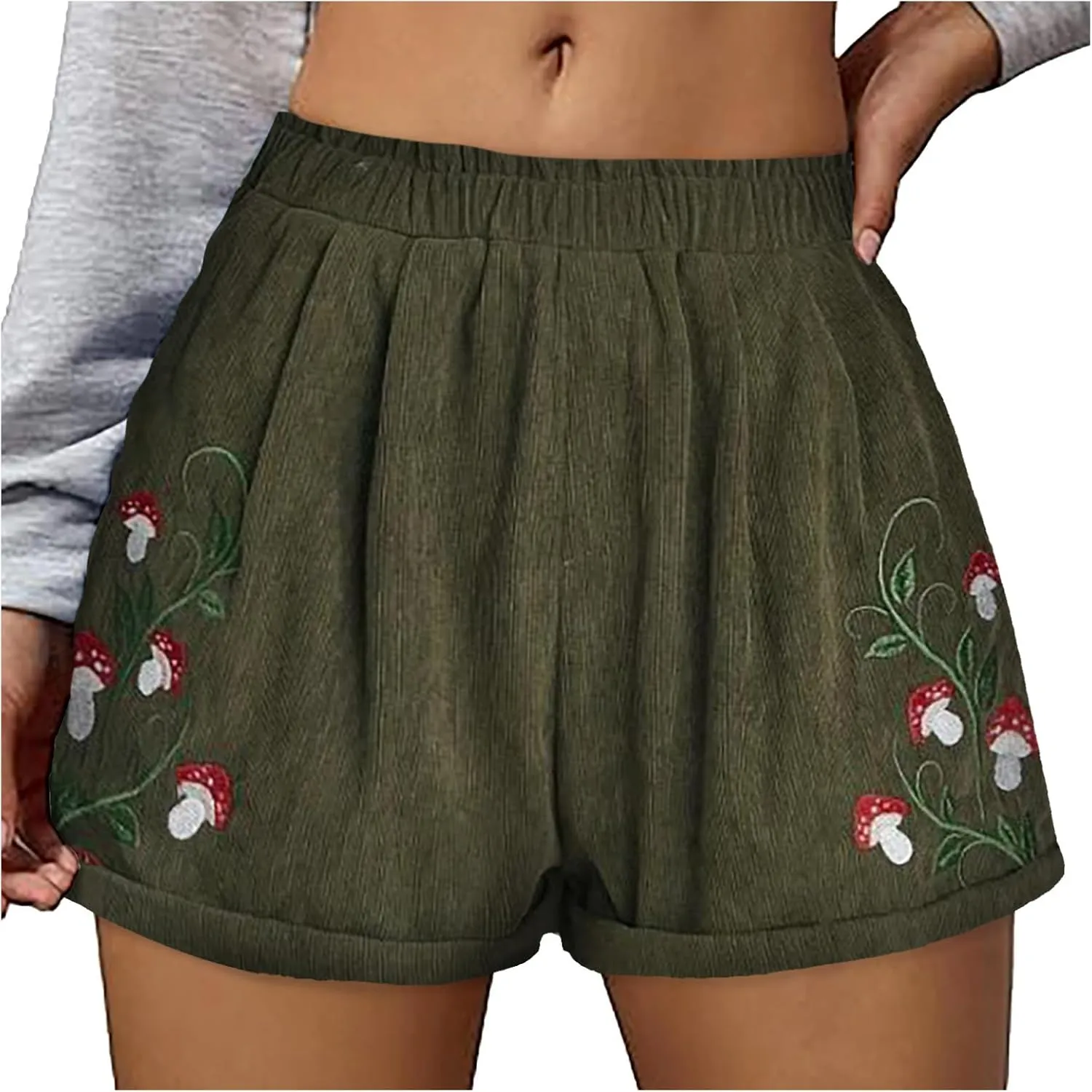 Women's Corduroy Comfy Plants Embroidery Shorts Elastic Waist Straight Leg Casual Beach Shorts for Women