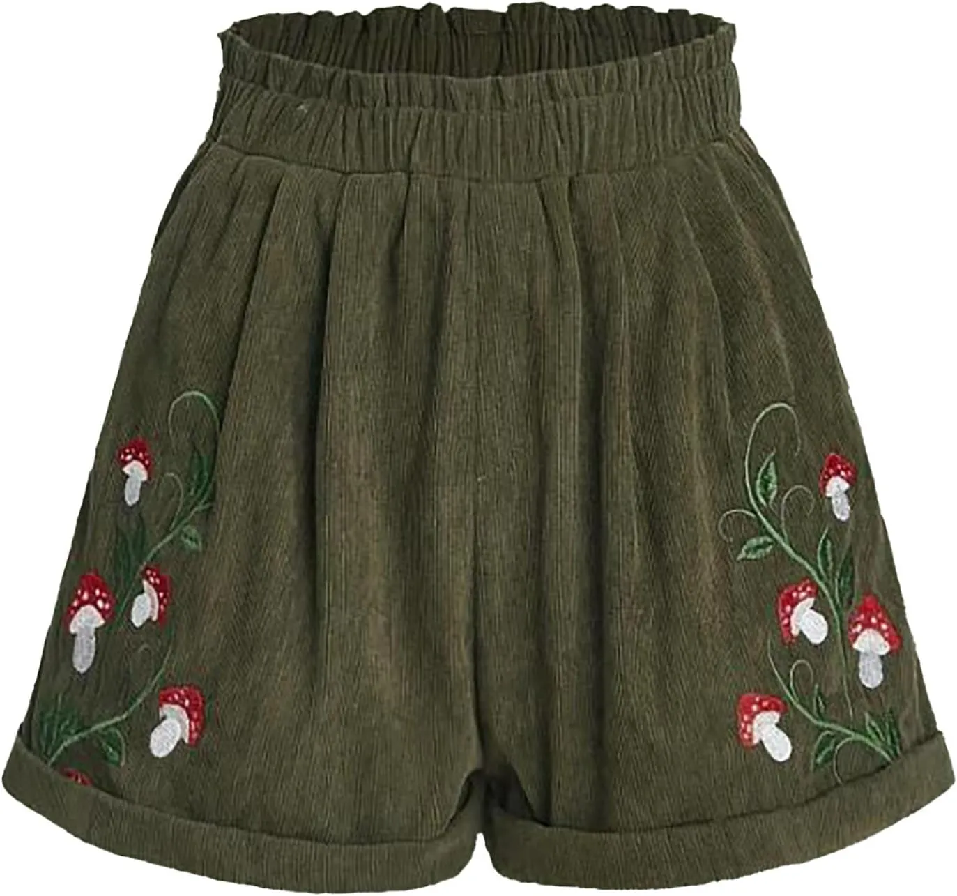 Women's Corduroy Comfy Plants Embroidery Shorts Elastic Waist Straight Leg Casual Beach Shorts for Women