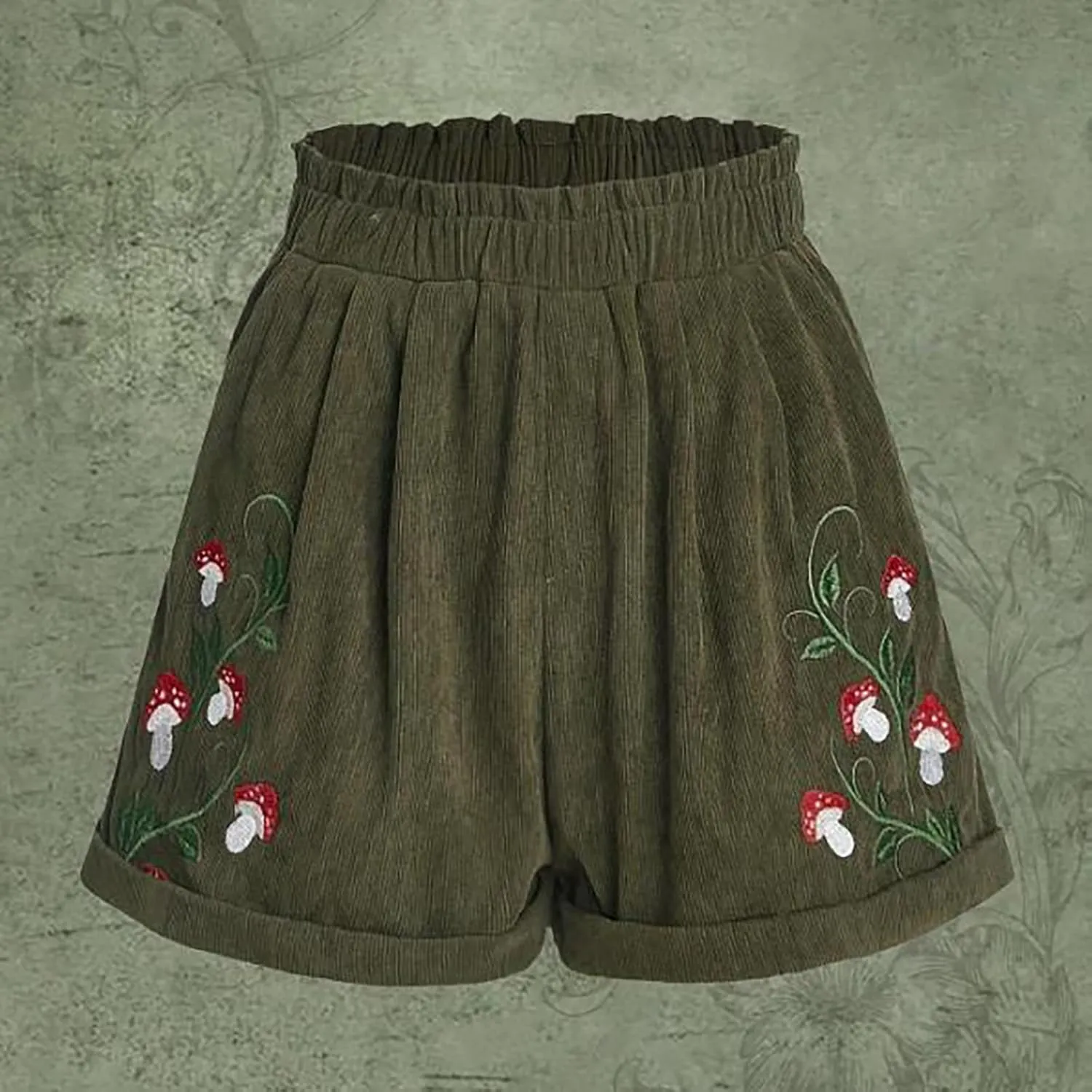 Women's Corduroy Comfy Plants Embroidery Shorts Elastic Waist Straight Leg Casual Beach Shorts for Women
