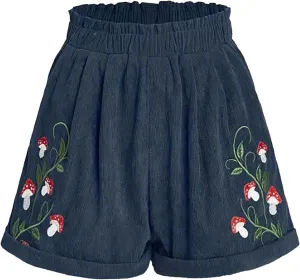 Women's Corduroy Comfy Plants Embroidery Shorts Elastic Waist Straight Leg Casual Beach Shorts for Women