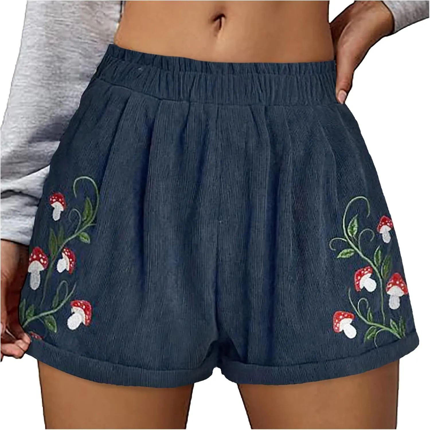 Women's Corduroy Comfy Plants Embroidery Shorts Elastic Waist Straight Leg Casual Beach Shorts for Women