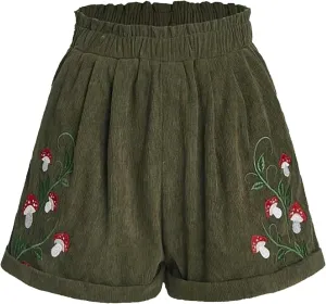 Women's Corduroy Comfy Plants Embroidery Shorts Elastic Waist Straight Leg Casual Beach Shorts for Women